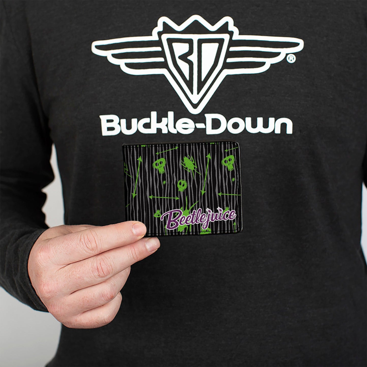 Bi-Fold Wallet - BEETLEJUICE Roach Skull Doodles Collage Black Gray Green Purple - MEGA POP COMICS