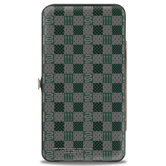 Hinged Wallet - Harry Potter SLYTHERIN Crest Heraldry Checkers Gray Greens - MEGA POP COMICS