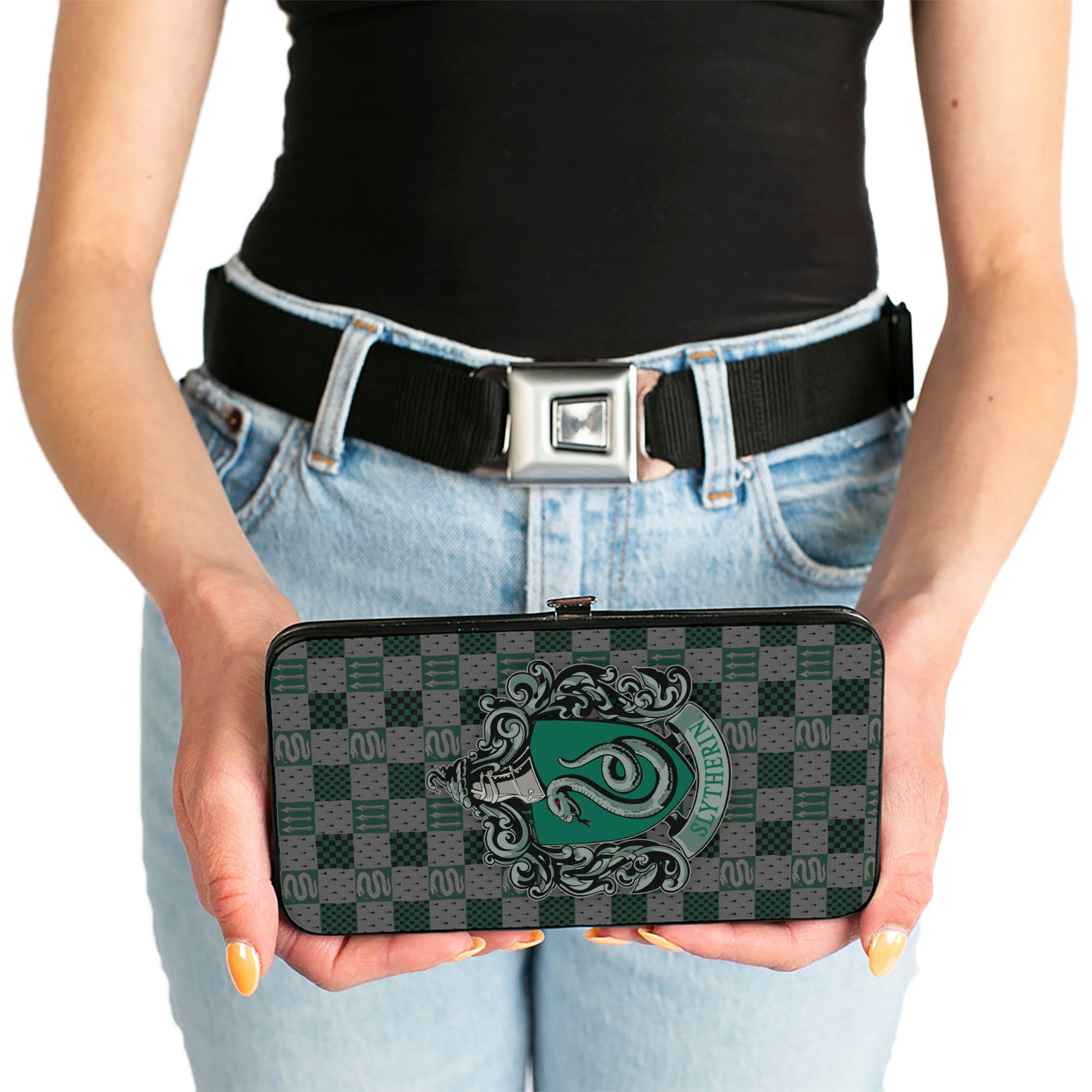 Hinged Wallet - Harry Potter SLYTHERIN Crest Heraldry Checkers Gray Greens - MEGA POP COMICS