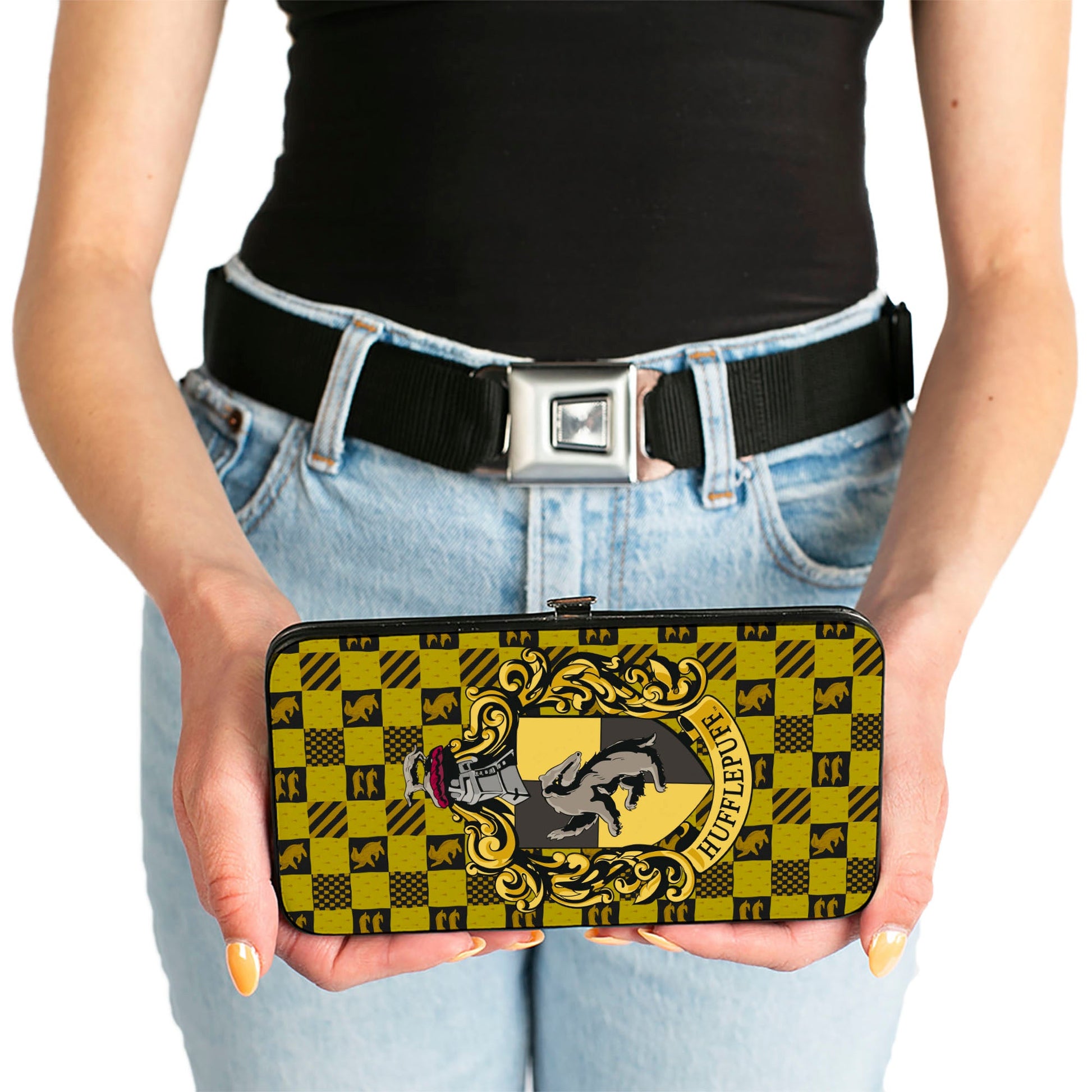 Hinged Wallet - Harry Potter HUFFLEPUFF Crest Heraldry Checkers Golds Black - MEGA POP COMICS