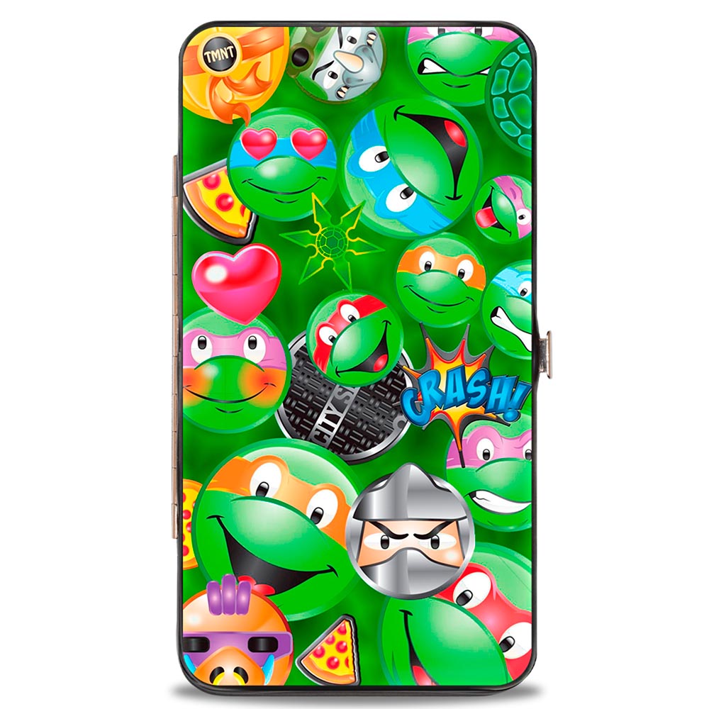 Hinged Wallet - Classic TMNT Turtle & Villain Expressions Pizza Turtle Shell Buttons Stacked Greens - MEGA POP COMICS