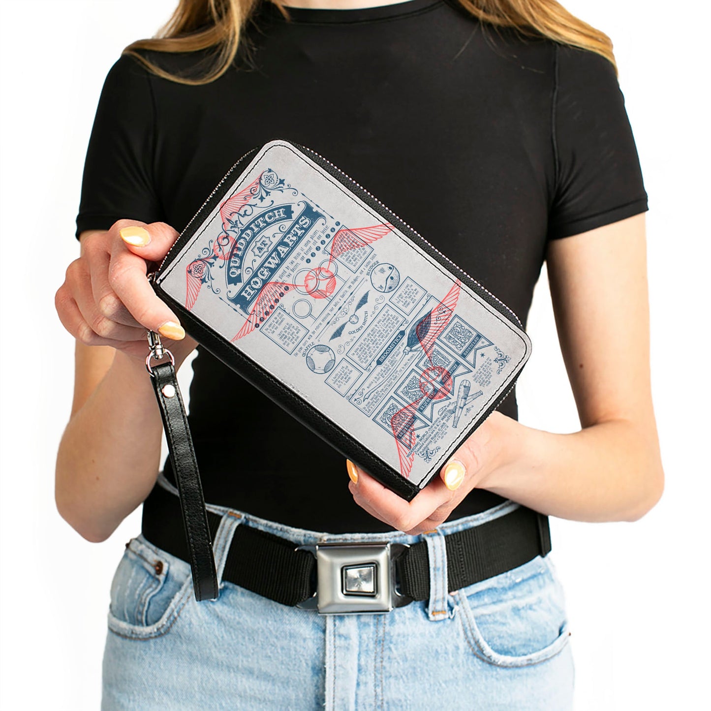 Women's PU Zip Around Wallet Rectangle - Harry Potter QUIDDITCH AT HOGWARTS Rules Collage White Blue Red - MEGA POP COMICS