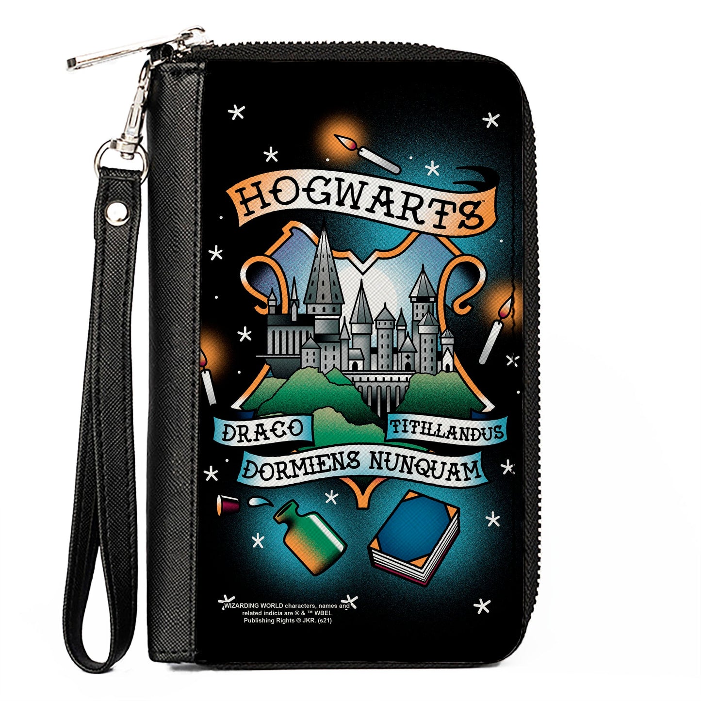 Women's PU Zip Around Wallet Rectangle - Harry Potter HOGWARTS Motto Tattoo Black - MEGA POP COMICS