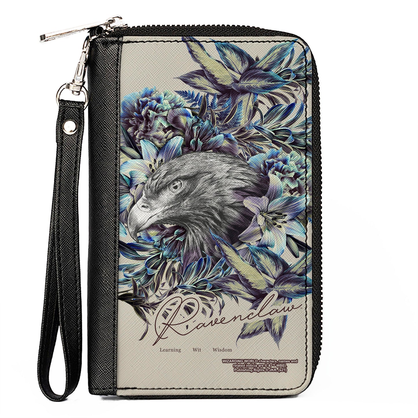 Women's PU Zip Around Wallet Rectangle - Harry Potter RAVENCLAW Floral Eagle Sketch Grays Blues - MEGA POP COMICS
