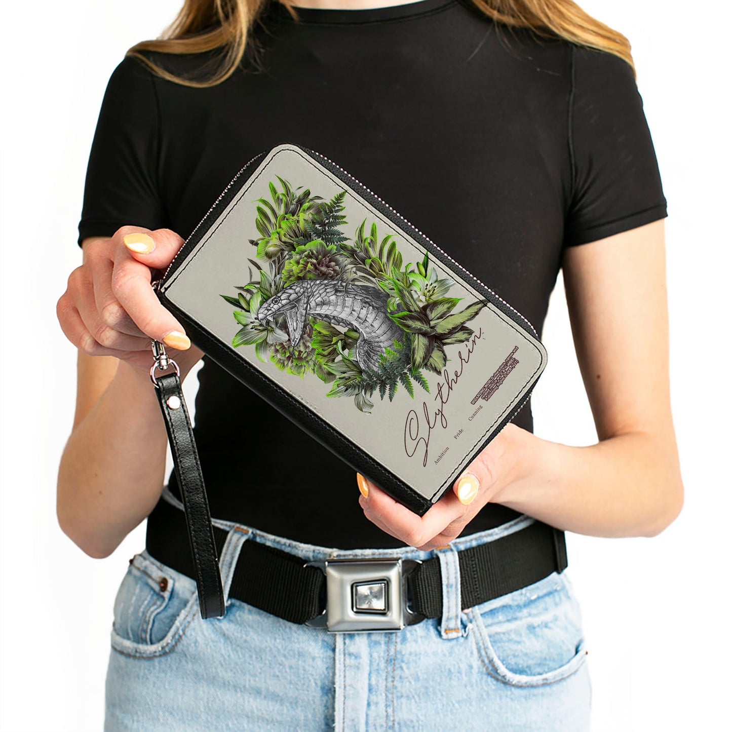 Women's PU Zip Around Wallet Rectangle - Harry Potter SLYTHERIN Floral Serpent Sketch Grays Greens - MEGA POP COMICS