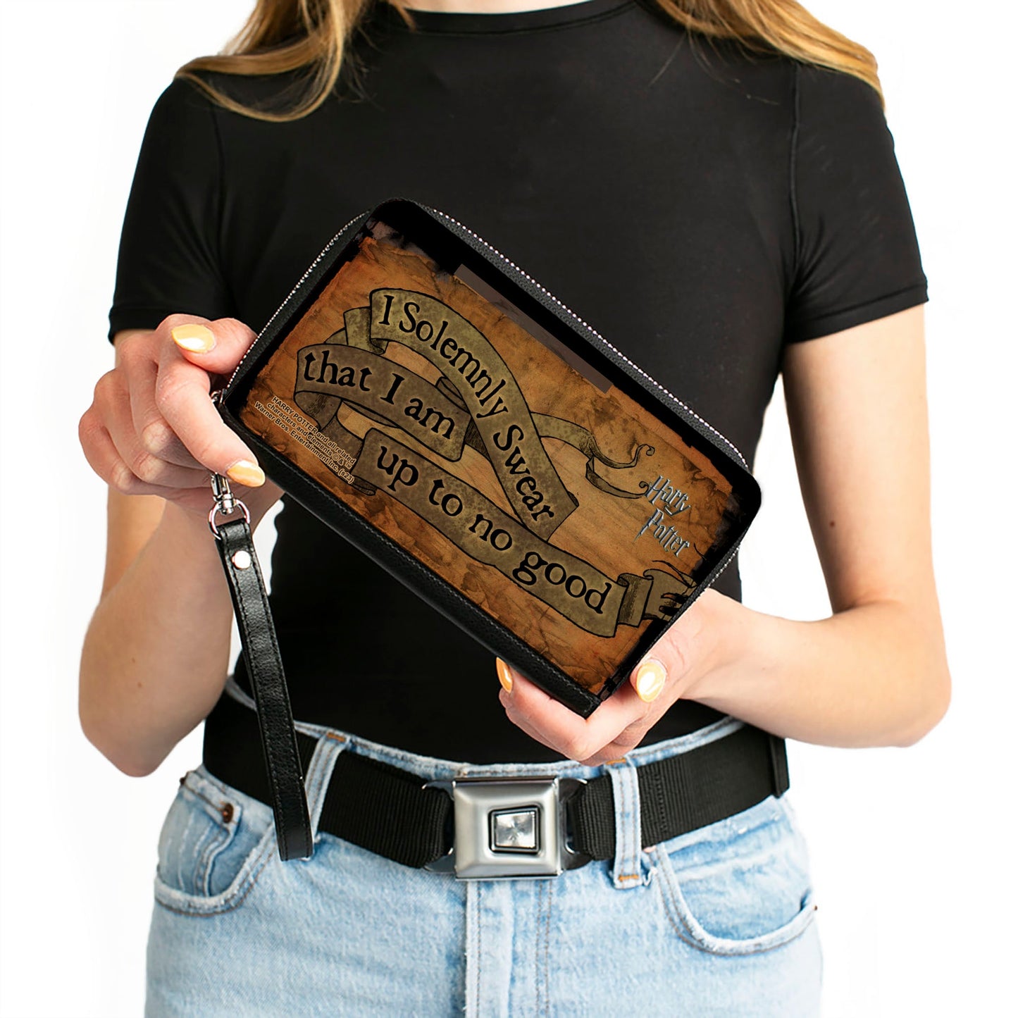 PU Zip Around Wallet Rectangle - Harry Potter I SOLEMNLY SWEAR THAT I AM UP TO NO GOOD Banner Tan/Black - MEGA POP COMICS