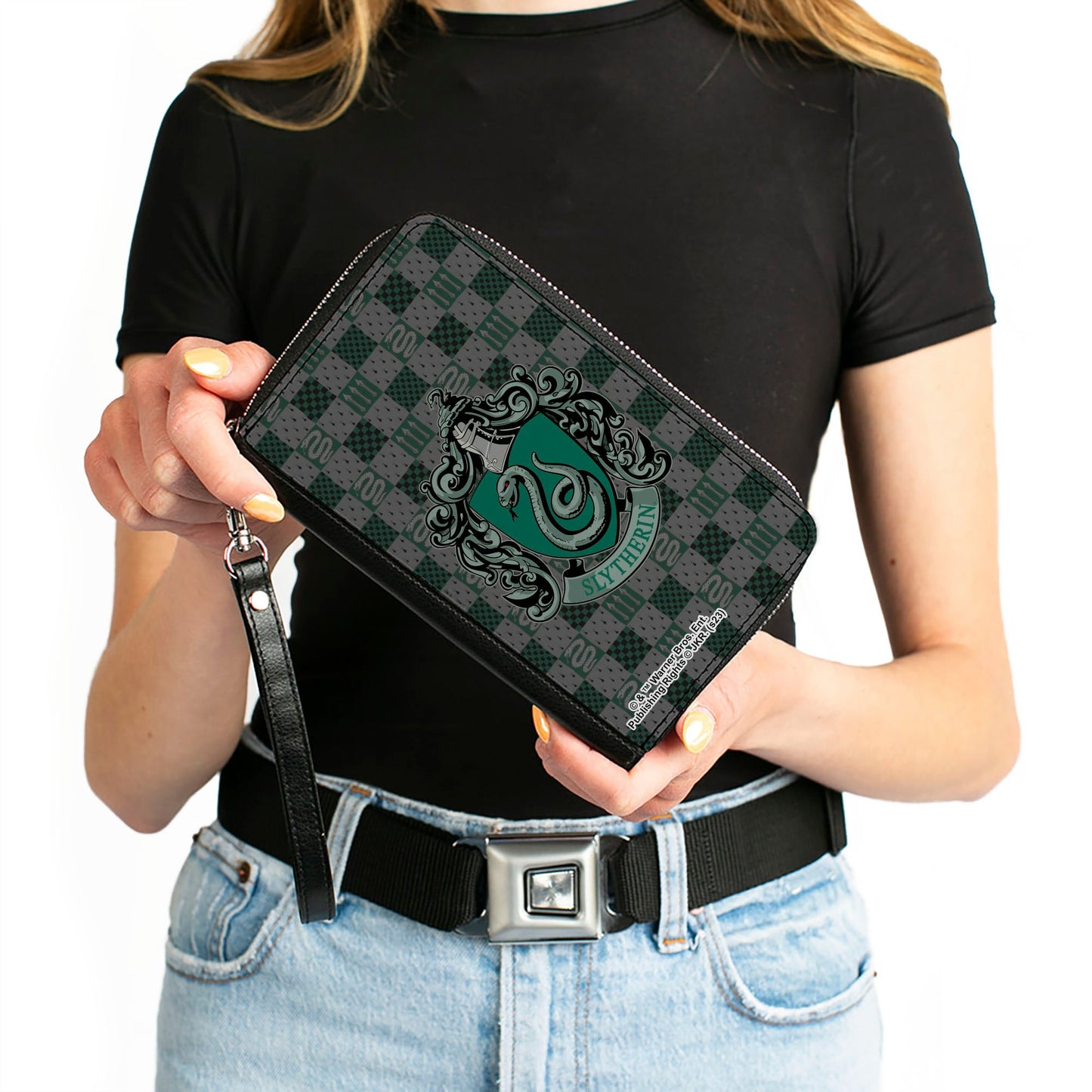 PU Zip Around Wallet Rectangle - Harry Potter SLYTHERIN Crest/Heraldry Checkers Gray/Greens - MEGA POP COMICS