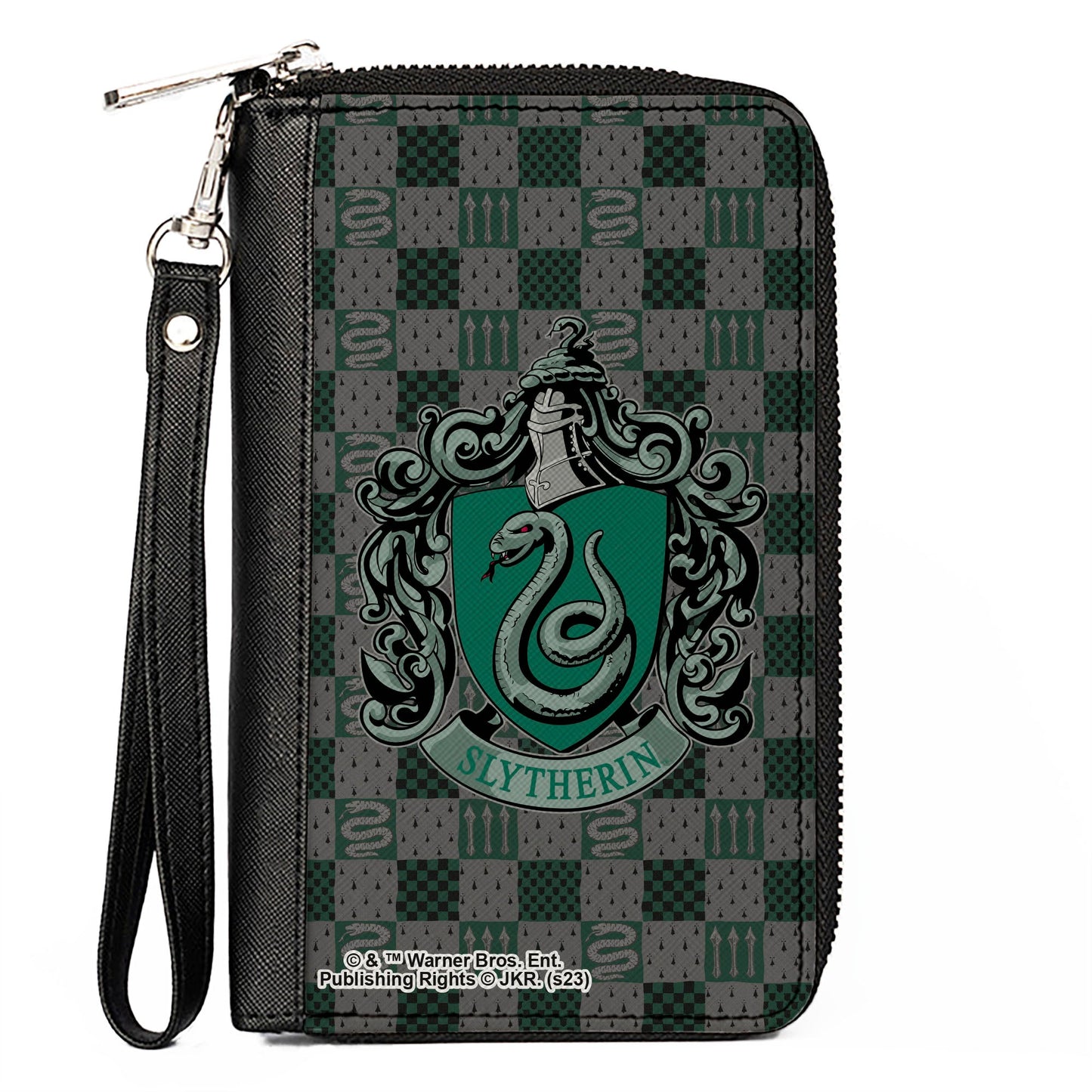 PU Zip Around Wallet Rectangle - Harry Potter SLYTHERIN Crest/Heraldry Checkers Gray/Greens - MEGA POP COMICS
