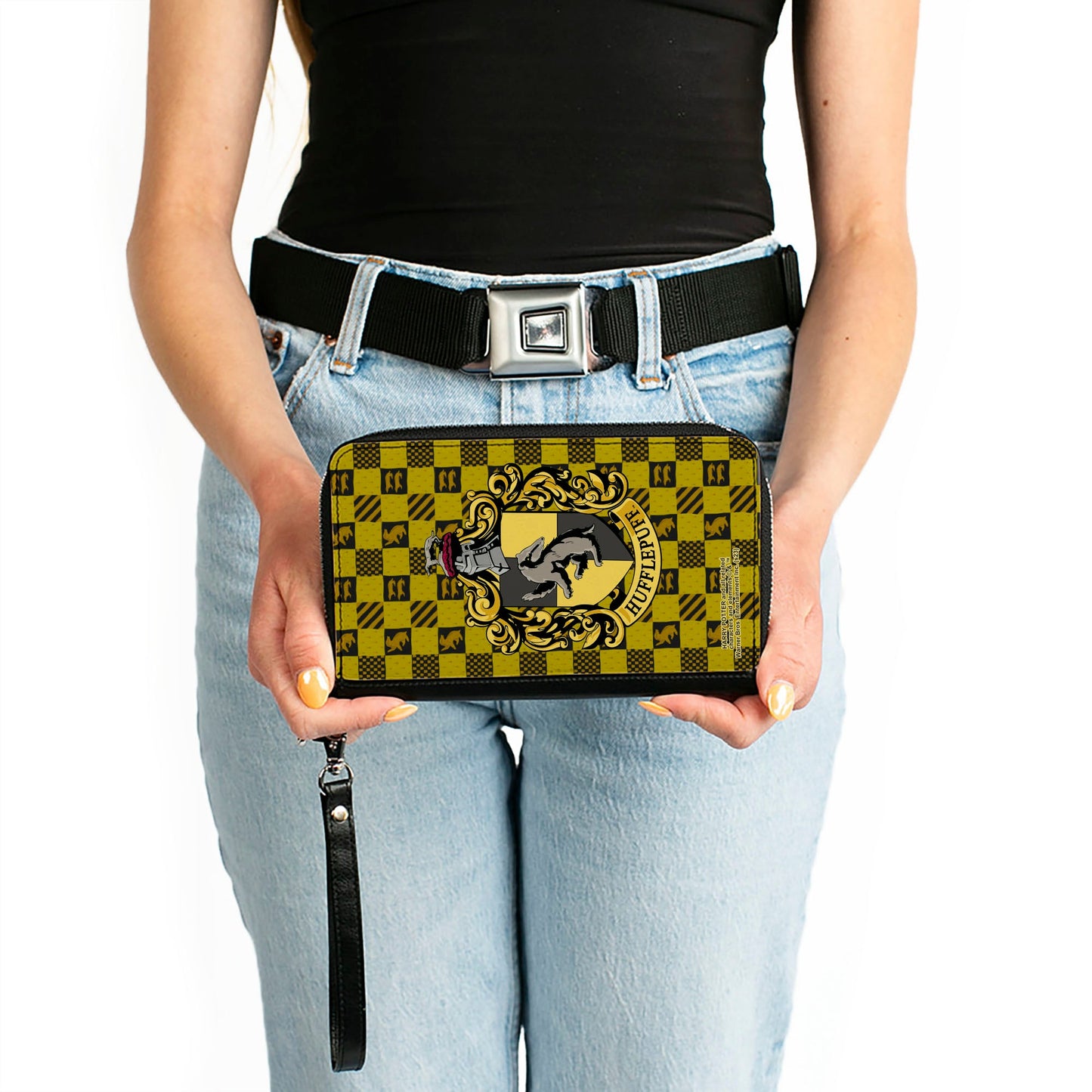 PU Zip Around Wallet Rectangle - Harry Potter HUFFLEPUFF Crest Heraldry Checkers Golds/Black - MEGA POP COMICS