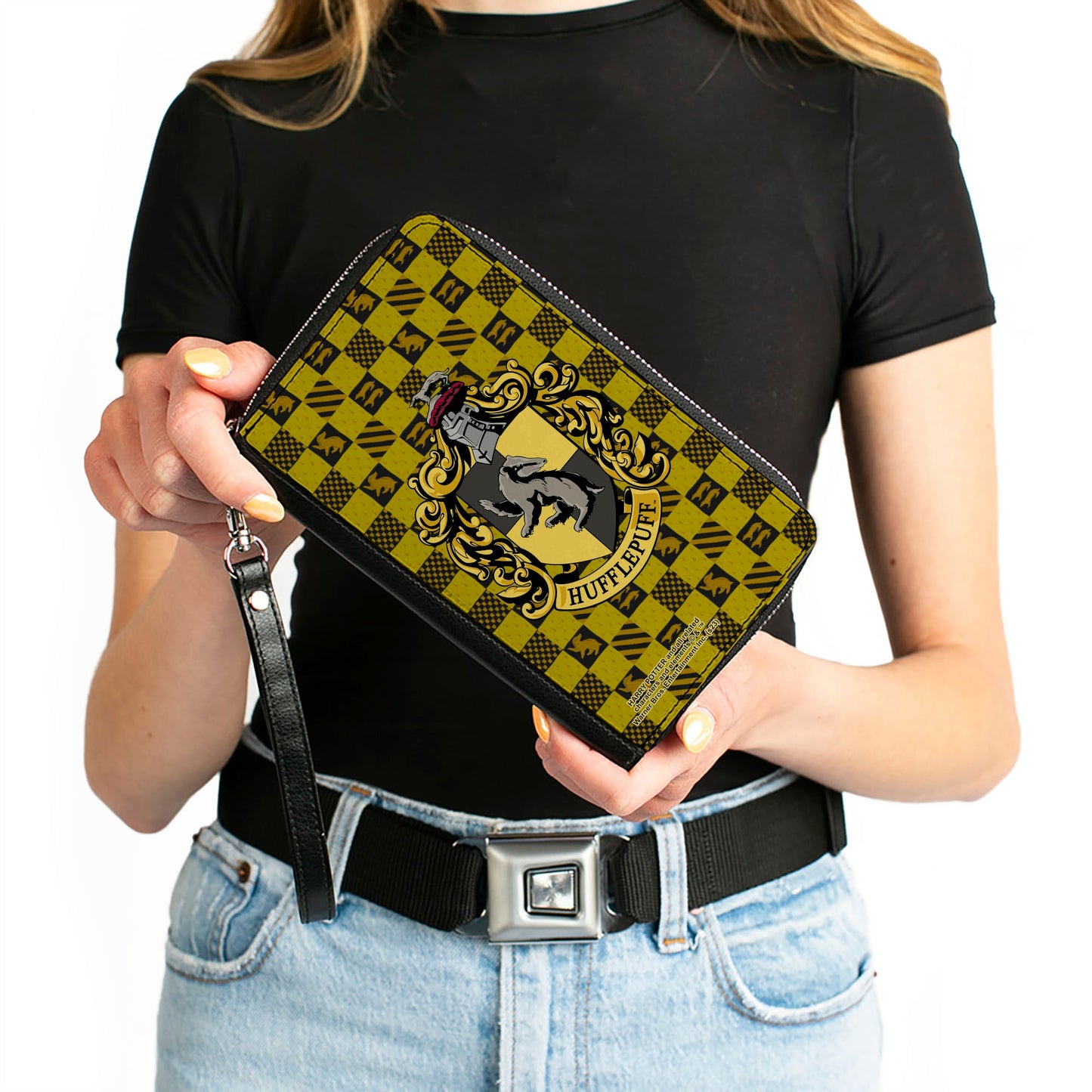 PU Zip Around Wallet Rectangle - Harry Potter HUFFLEPUFF Crest Heraldry Checkers Golds/Black - MEGA POP COMICS