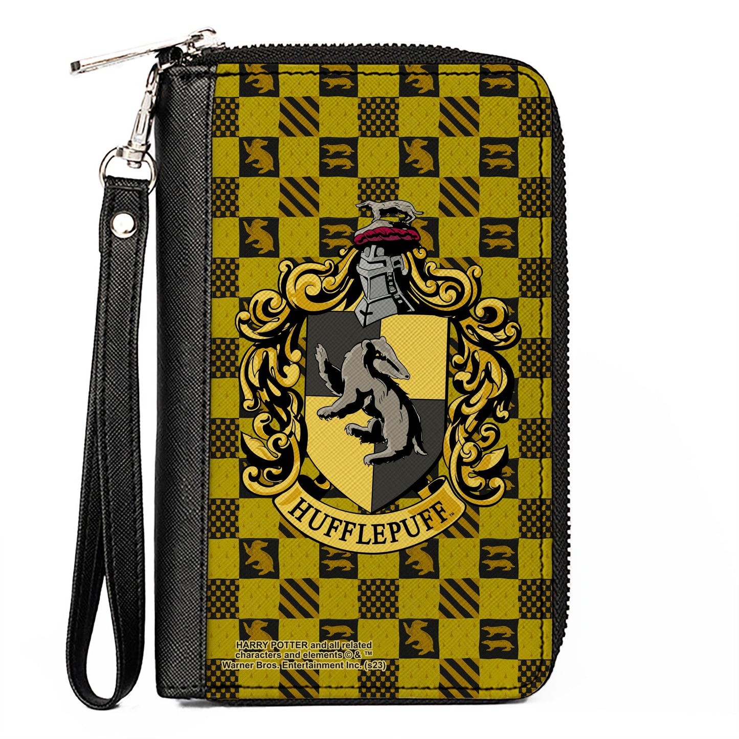 PU Zip Around Wallet Rectangle - Harry Potter HUFFLEPUFF Crest Heraldry Checkers Golds/Black - MEGA POP COMICS