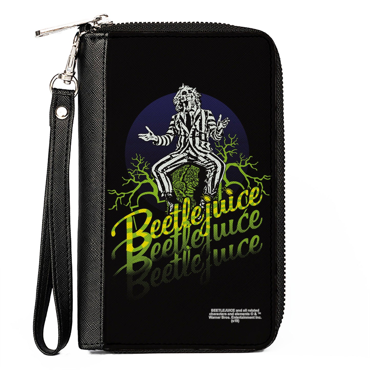Women's PU Zip Around Wallet Rectangle - BEETLEJUICE Sitting on Tombstone Pose Trees Black Purple Green Yellow - MEGA POP COMICS