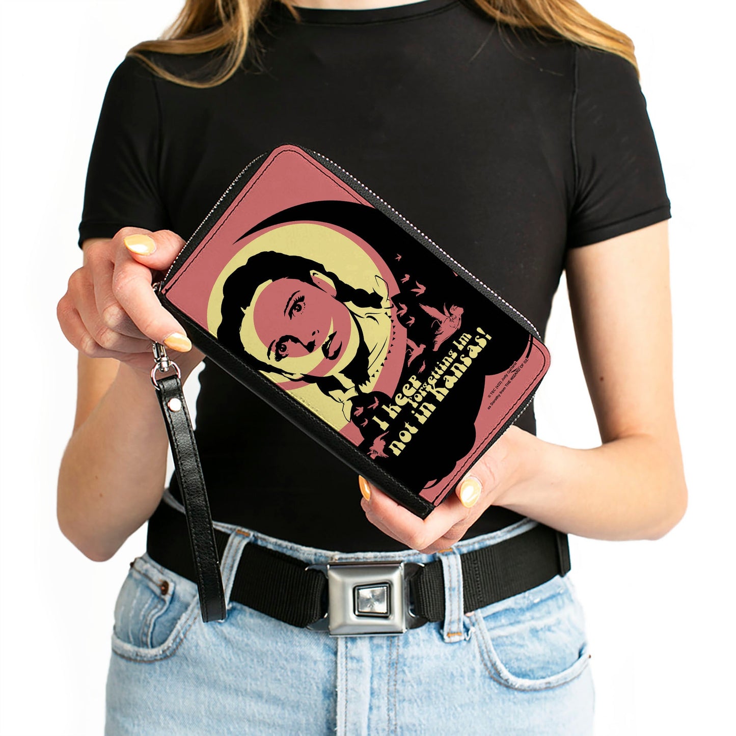 PU Zip Around Wallet Rectangle - The Wizard of Oz Dorothy and Flying Monkeys NOT IN KANSAS Quote Black/Yellow/Pink - MEGA POP COMICS