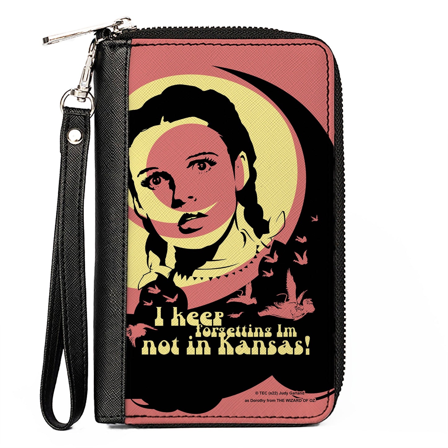 PU Zip Around Wallet Rectangle - The Wizard of Oz Dorothy and Flying Monkeys NOT IN KANSAS Quote Black/Yellow/Pink - MEGA POP COMICS