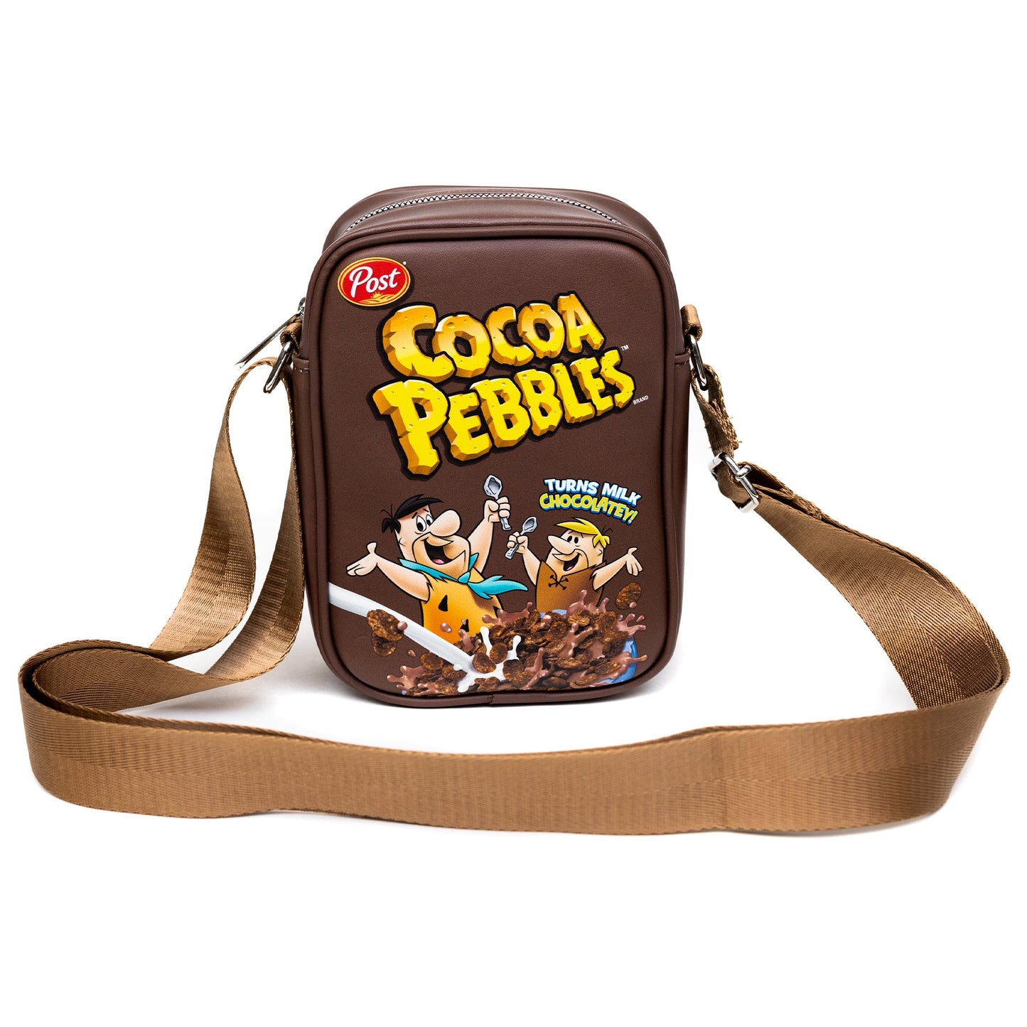 The Flintstones Bag, Cross Body, Cocoa Pebbles Fred and Barney Cereal Box Replica, Brown, Vegan Leather - MEGA POP COMICS