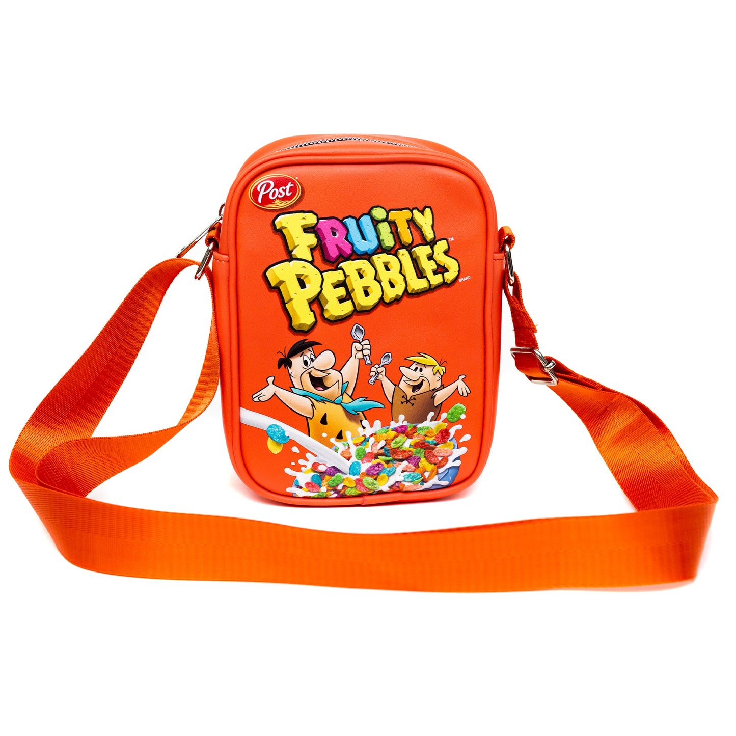 The Flintstones Bag, Cross Body, Fruity Pebbles Fred and Barney Cereal Box Replica, Bright Red, Vegan Leather - MEGA POP COMICS