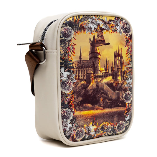 Harry Potter Vegan Leather Round Crossbody Bag with Adjustable Straps, Hogwarts Floral Fantasy Off White - MEGA POP COMICS