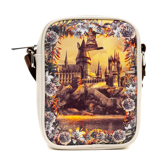 Harry Potter Vegan Leather Round Crossbody Bag with Adjustable Straps, Hogwarts Floral Fantasy Off White - MEGA POP COMICS
