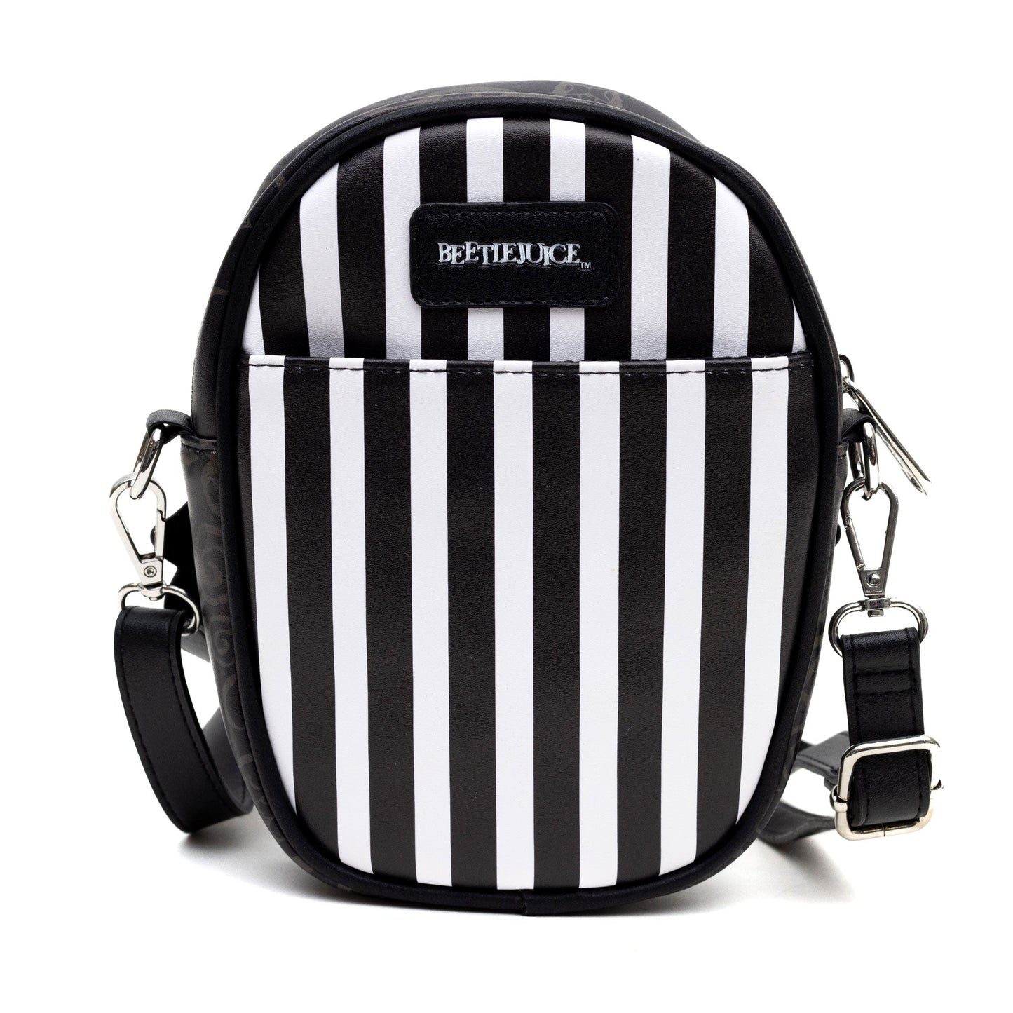 Horror Movies Vegan Leather Cross Body Bag with Adjustable Strap, Beetlejuice Smiling Chibi Face Applique, Stripe Black White, 7" x 8" - MEGA POP COMICS