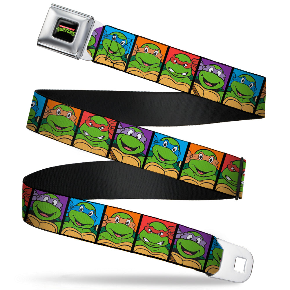 Classic TMNT Logo Full Color Seatbelt Belt - Classic Teenage Mutant Ninja Turtles Face Blocks Black/Multi Color Webbing - MEGA POP COMICS