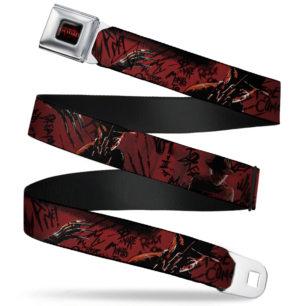 A NIGHTMARE ON ELM STREET Logo Full Color Black/Reds Seatbelt Belt - Freddy 4-Poses/Quote Scrawls/Hand Scratching Reds/Black Webbing - MEGA POP COMICS