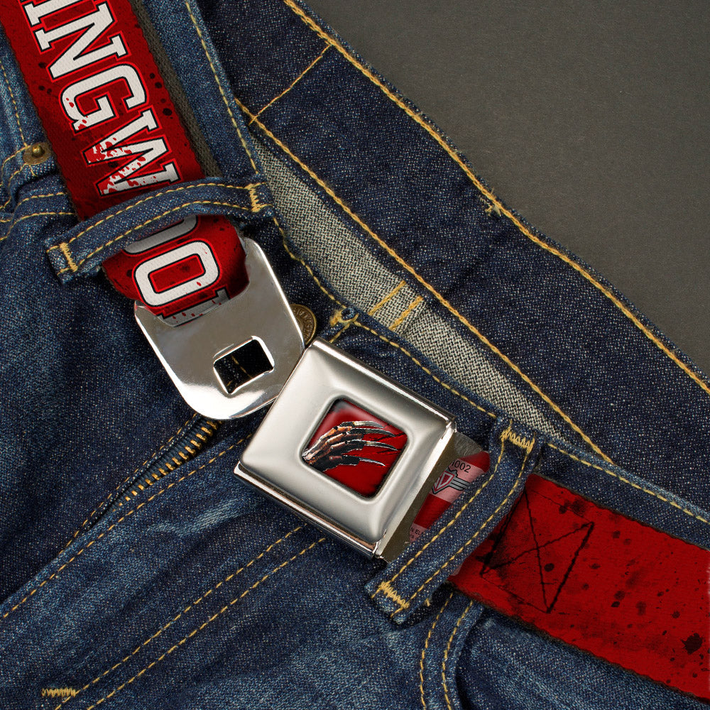 Freddy's Blade Hand Full Color Black/Blood Splatter Seatbelt Belt - A NIGHTMARE ON ELM STREET/SPRINGWOOD Freddy Pose Black/Red/White Webbing - MEGA POP COMICS