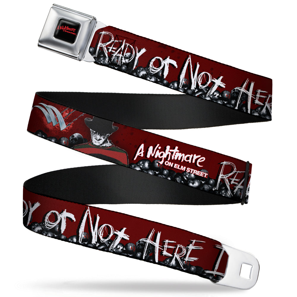 A NIGHTMARE ON ELM STREET Full Color Black/Blood Splatter Reds Seatbelt Belt - A NIGHTMARE ON ELM STREET/READY OR NOT HERE I COME/Freddy Pose/Skulls Reds/Black/Grays/White Webbing - MEGA POP COMICS