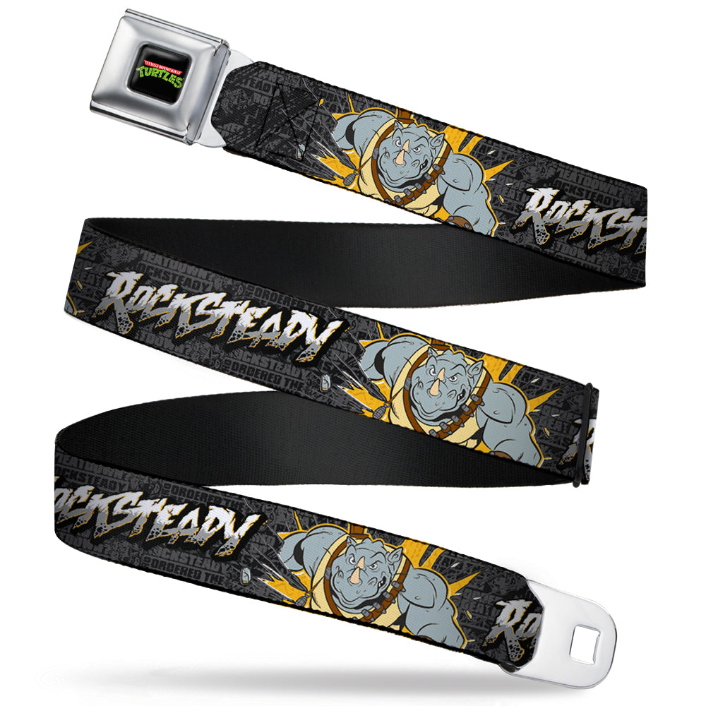 Classic TMNT Logo Full Color Seatbelt Belt - ROCKSTEADY Break Through Pose/BEATDOWN Black/Grays/Gold Webbing - MEGA POP COMICS
