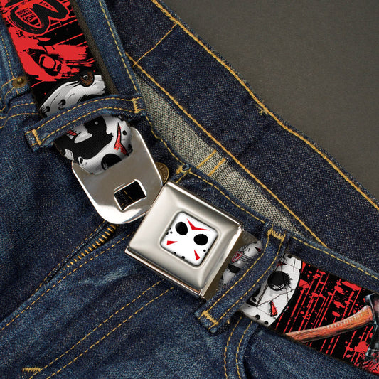 Jason Mask CLOSE-UP Full Color Black/White/Red Seatbelt Belt - FRIDAY THE 13th/Jason Mask4/Axe Blood Splatter Black/Red/White Webbing - MEGA POP COMICS