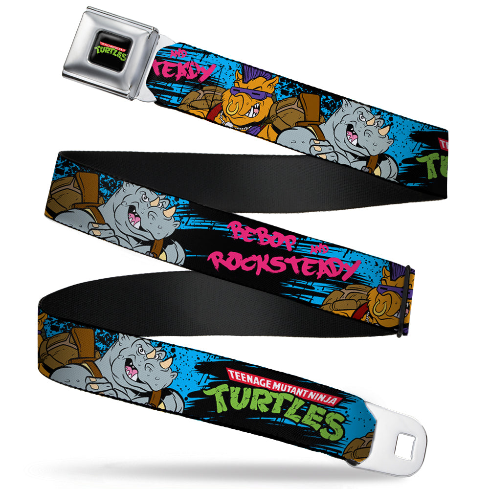 Classic TMNT Logo Full Color Seatbelt Belt - TMNT BEBOP AND ROCKSTEADY Back-to-Back Pose Splatter Blue/Black/Pink Webbing - MEGA POP COMICS