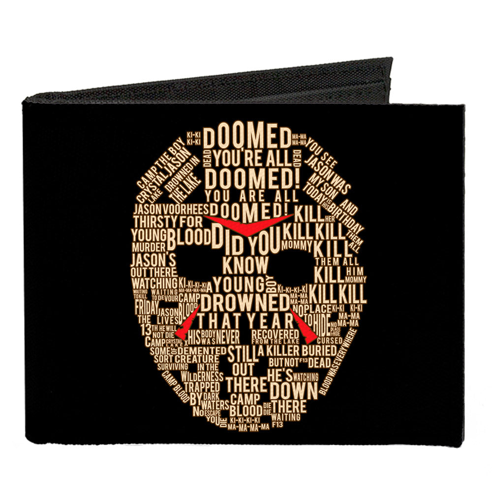 Canvas Bi-Fold Wallet - Jason Mask Quotes Collage + FRIDAY THE 13TH Logo Black Ivory Reds - MEGA POP COMICS
