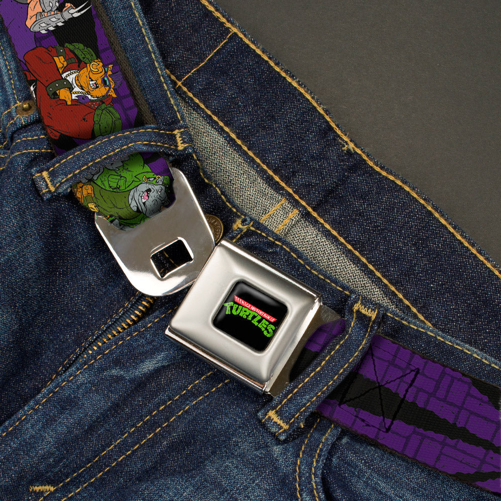 Classic TMNT Logo Full Color Seatbelt Belt - Classic Teenage Mutant Ninja Turtles Group & Villain Poses Purple Webbing - MEGA POP COMICS