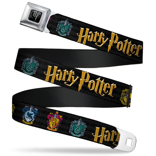 Harry Potter Logo Full Color Black/White Seatbelt Belt - HARRY POTTER Hufflepuff/Ravenclaw/Gryffindor/Slytherin Coat of Arms Black Webbing - MEGA POP COMICS