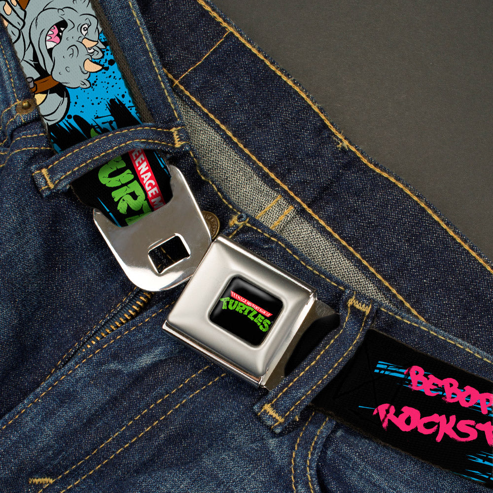 Classic TMNT Logo Full Color Seatbelt Belt - TMNT BEBOP AND ROCKSTEADY Back-to-Back Pose Splatter Blue/Black/Pink Webbing - MEGA POP COMICS
