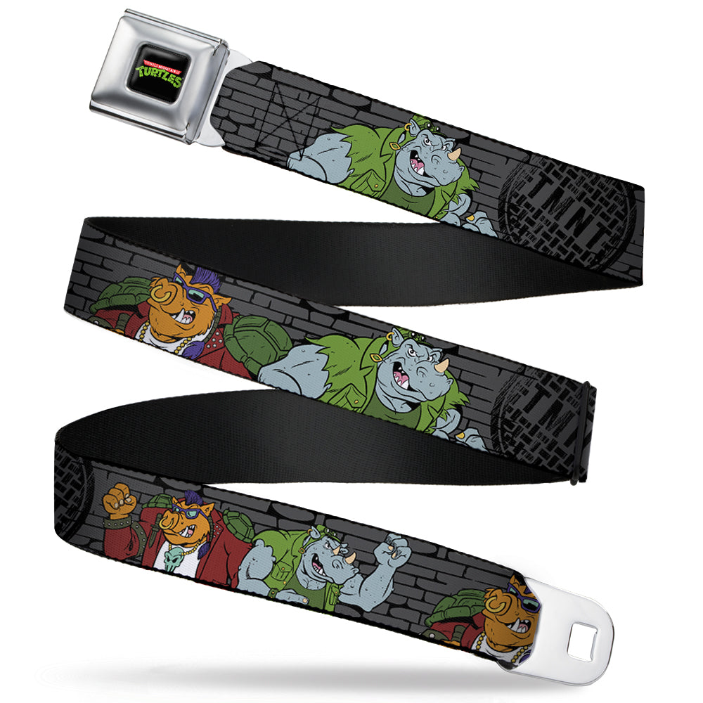 Classic TMNT Logo Full Color Seatbelt Belt - TMNT Rocksteady & Bebop Poses Bricks Gray/Black Webbing - MEGA POP COMICS