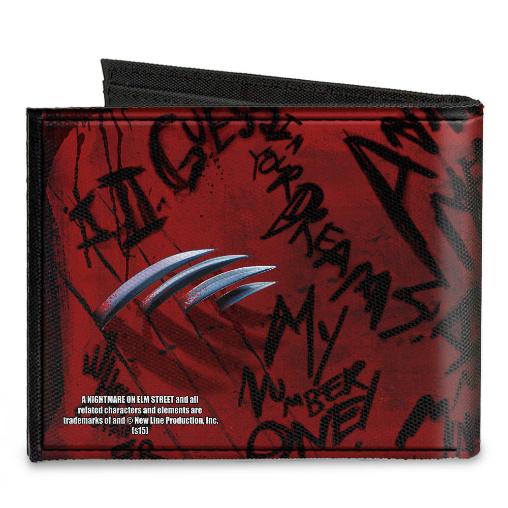 Canvas Bi-Fold Wallet - Freddy Pose2 + Hand Scratching Quote Scrawls Reds Black - MEGA POP COMICS