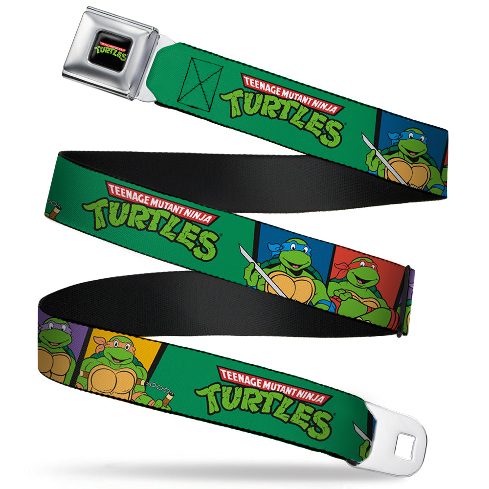 Classic TMNT Logo Full Color Seatbelt Belt - Classic TEENAGE MUTANT NINJA TURTLES Group Pose3/TMNT Logo Green/Multi Color Webbing - MEGA POP COMICS