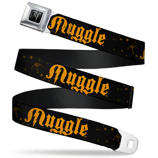 Harry Potter Logo Full Color Black/White Seatbelt Belt - MUGGLE/Stars Black/Gold Webbing - MEGA POP COMICS