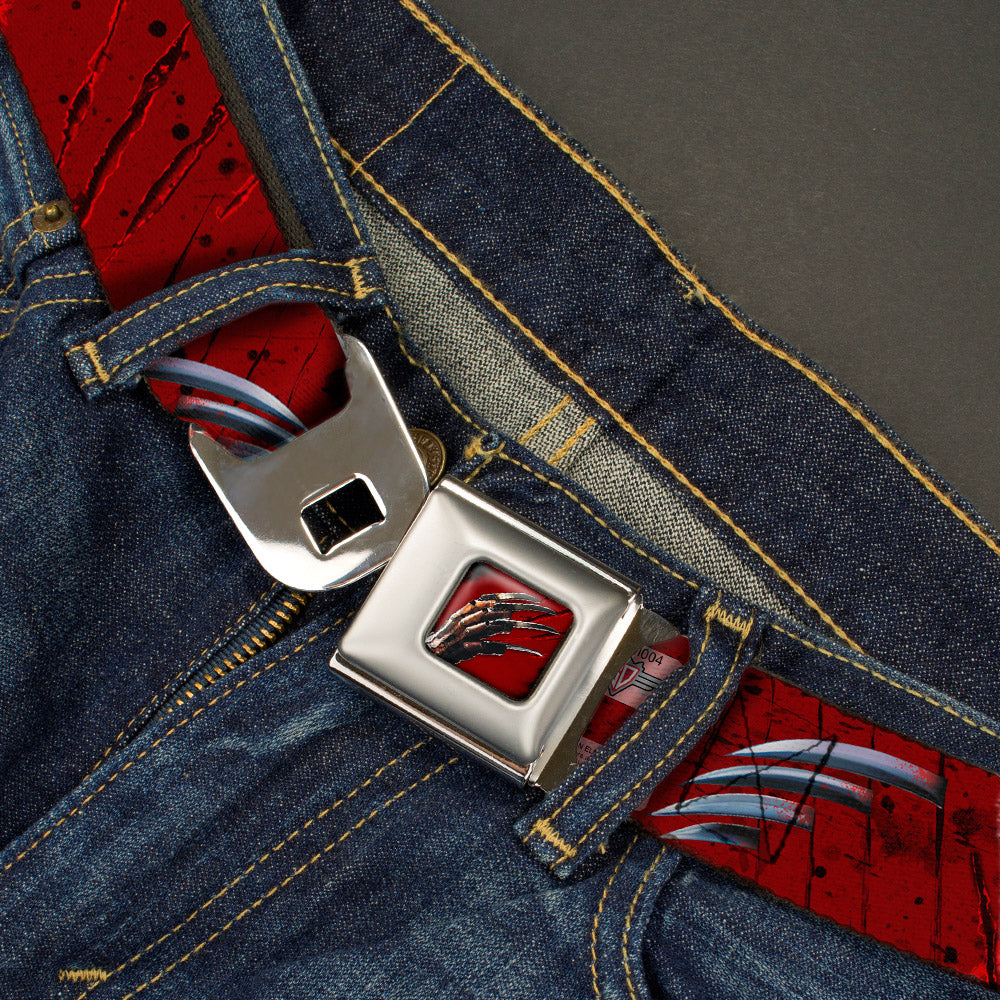 Freddy Krueger Blade Hand Full Color Black/Blood Splatter Seatbelt Belt - A NIGHTMARE ON ELM STREET/Freddy's Hand Scratching Reds/Black/Gray Webbing - MEGA POP COMICS
