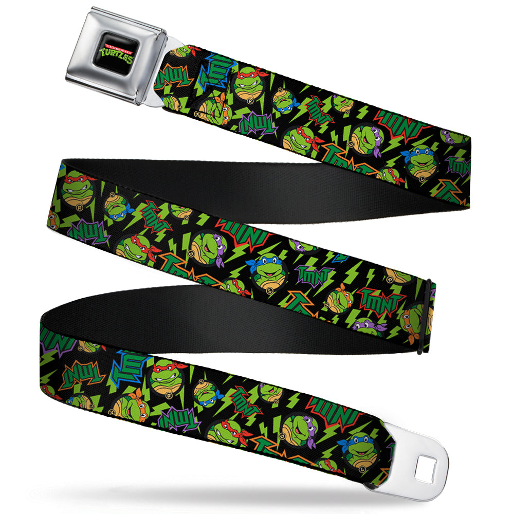 Classic TMNT Logo Full Color Seatbelt Belt - Classic TMNT/Bolts/Faces Black/Greens Webbing - MEGA POP COMICS