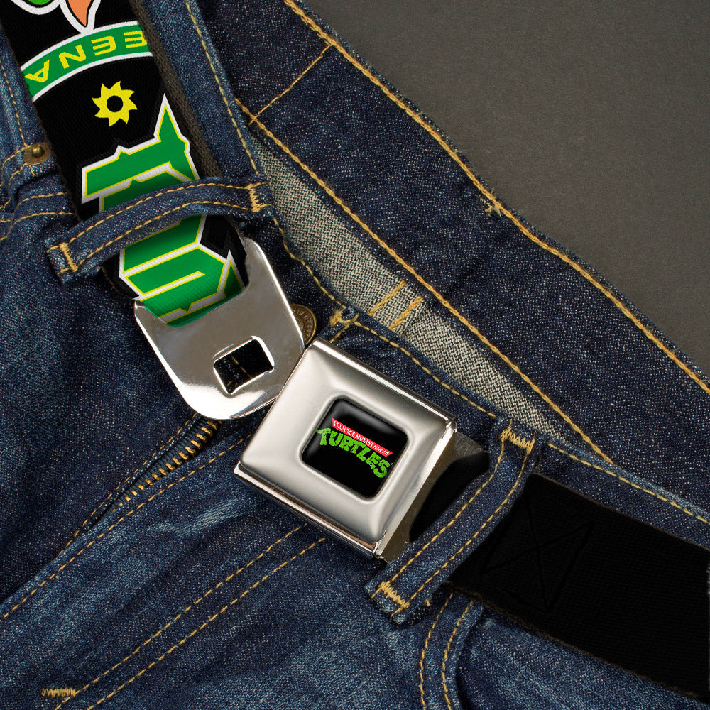 Classic TMNT Logo Full Color Seatbelt Belt - Classic Teenage Mutant Ninja Turtles Group Faces/TMNT/Ninja Star Black/Green Webbing - MEGA POP COMICS