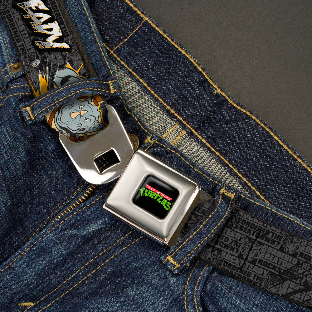 Classic TMNT Logo Full Color Seatbelt Belt - ROCKSTEADY Break Through Pose/BEATDOWN Black/Grays/Gold Webbing - MEGA POP COMICS