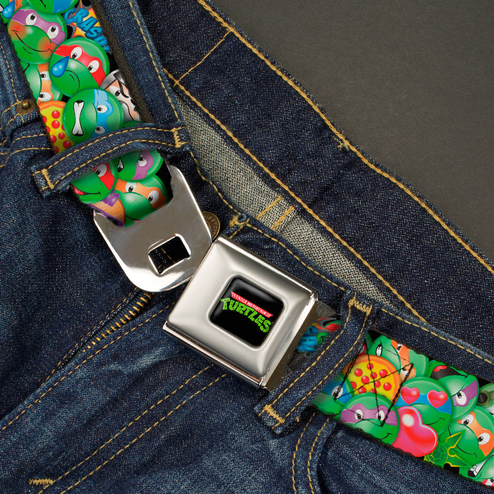Classic TMNT Logo Full Color Seatbelt Belt - Classic TMNT Turtle Expressions/Pizza/Turtle Shell Buttons Stacked Webbing - MEGA POP COMICS
