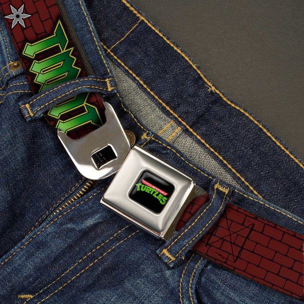 Classic TMNT Logo Full Color Seatbelt Belt - Classic TMNT Gear/Elements Brick Wall Webbing - MEGA POP COMICS
