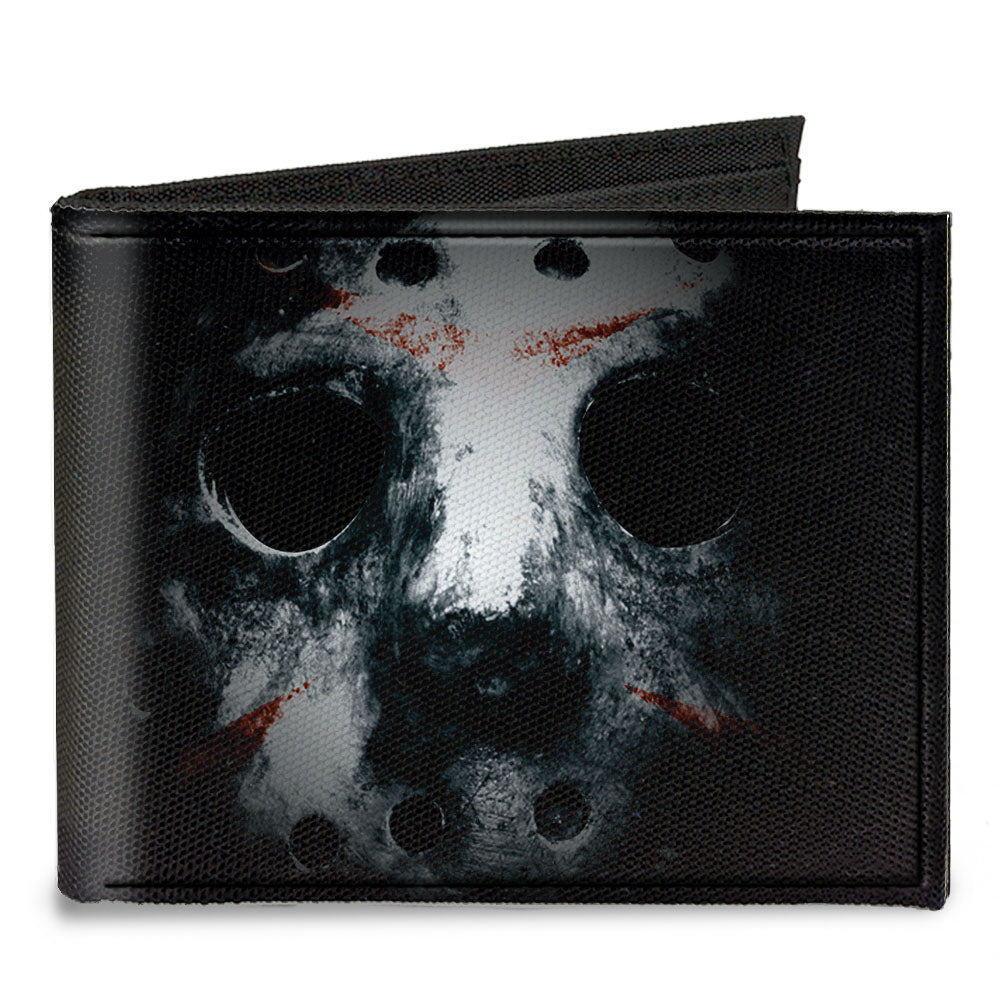 Canvas Bi-Fold Wallet - Jason Mask3 CLOSE-UP + FRIDAY THE 13th Black Grays Red - MEGA POP COMICS