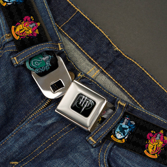 Harry Potter Logo Full Color Black/White Seatbelt Belt - HARRY POTTER Hufflepuff/Ravenclaw/Gryffindor/Slytherin Coat of Arms Black Webbing - MEGA POP COMICS
