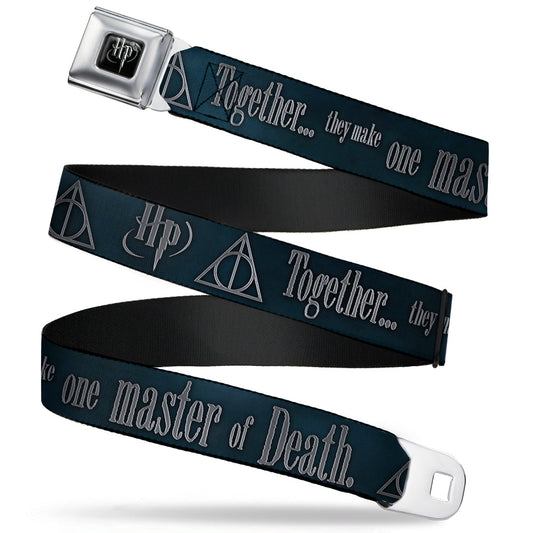 Harry Potter Logo Full Color Black/White Seatbelt Belt - HP/Deathly Hallows Symbol TOGETHER...THEY MAKE ONE MASTER OF DEATH. Blue Fade/Gray Webbing - MEGA POP COMICS