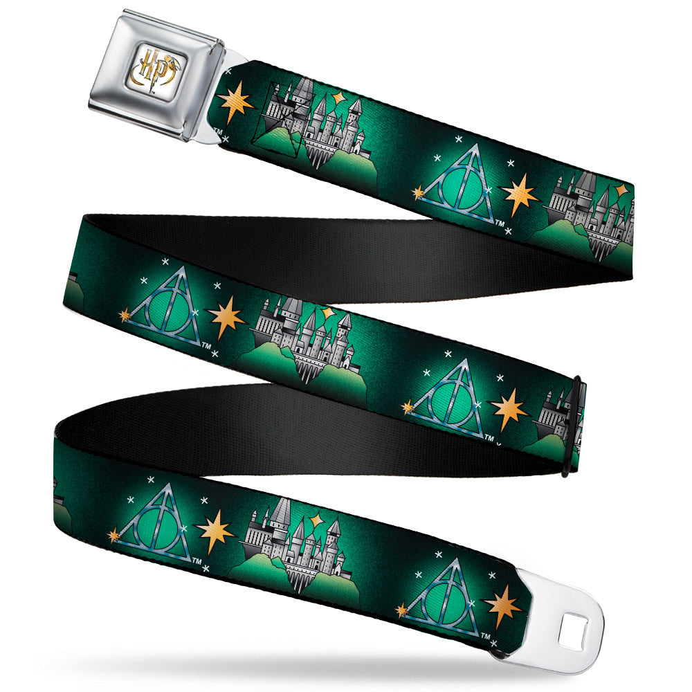 Harry Potter HP Logo Watercolor Full Color White/Yellows Seatbelt Belt - Harry Potter Hogwarts and Deathly Hallows Tattoo Black/Greens Webbing - MEGA POP COMICS