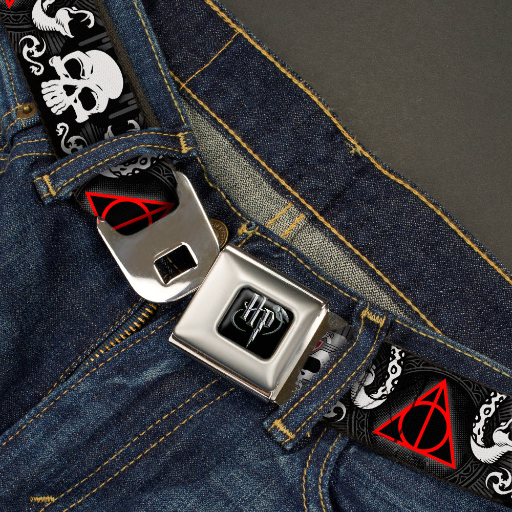 Harry Potter Logo Full Color Black/White Seatbelt Belt - Deathly Hallows Symbol/Death Mark Skull/Snakes Black/Gray/White/Red Webbing - MEGA POP COMICS