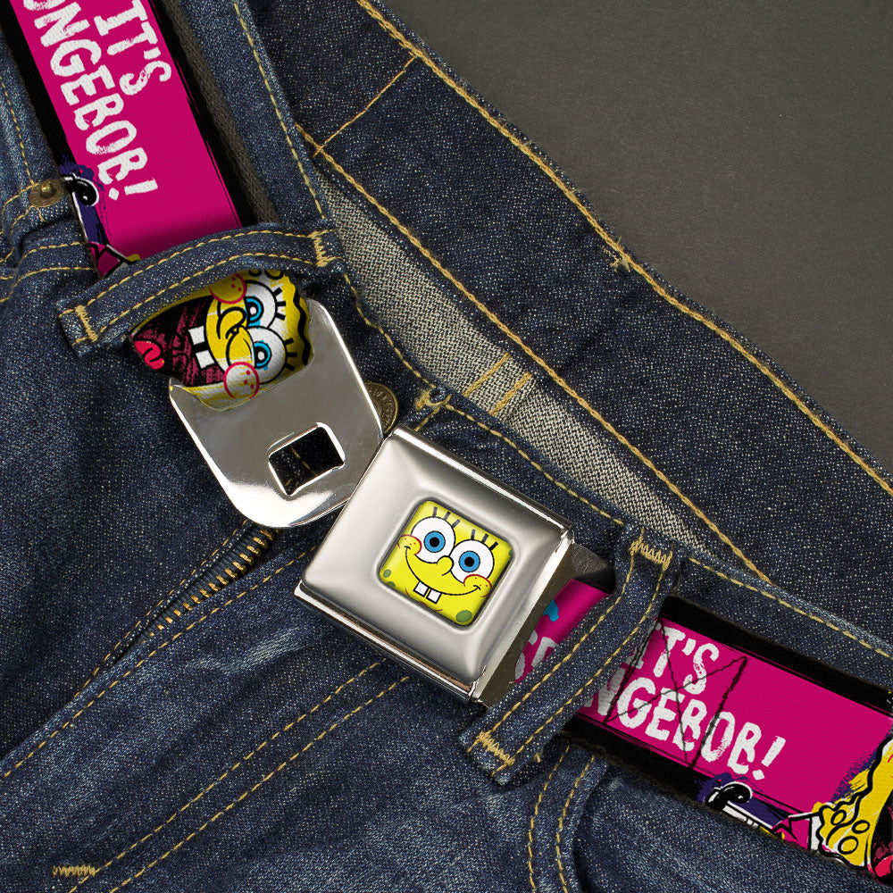 Sponge Bob Face CLOSE-UP Full Color Seatbelt Belt - SpongeBob Pose IT'S SPONGEBOB! Stripe Black/Pink/Blue/White Webbing - MEGA POP COMICS
